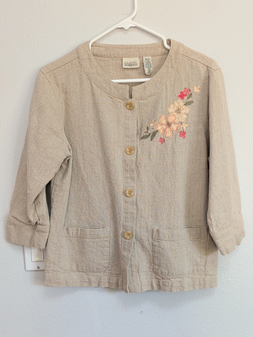 Classic Elements Women's Cream Embroidered Linen Blend Jacket